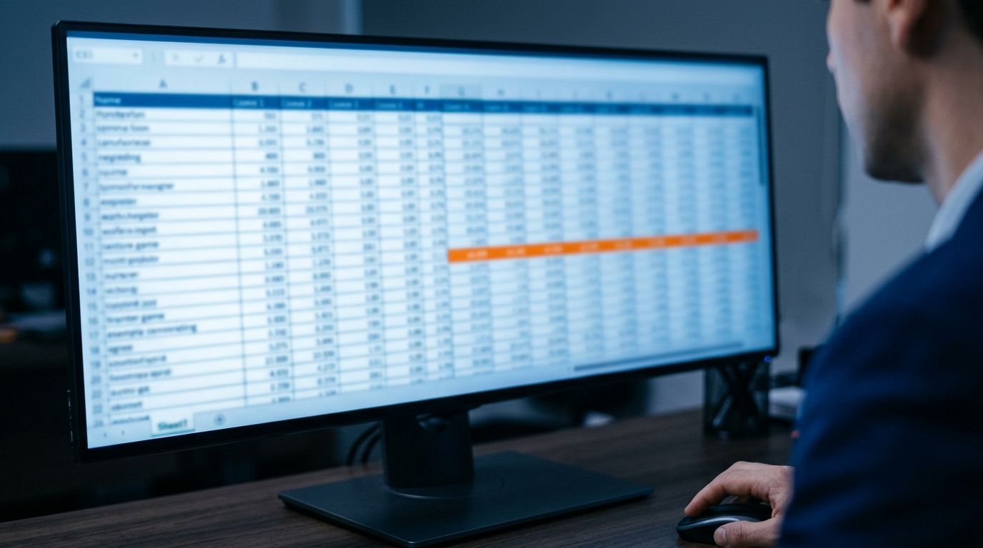 Monitor exibindo uma planilha extensa de cálculo, com uma linha destacada em laranja.